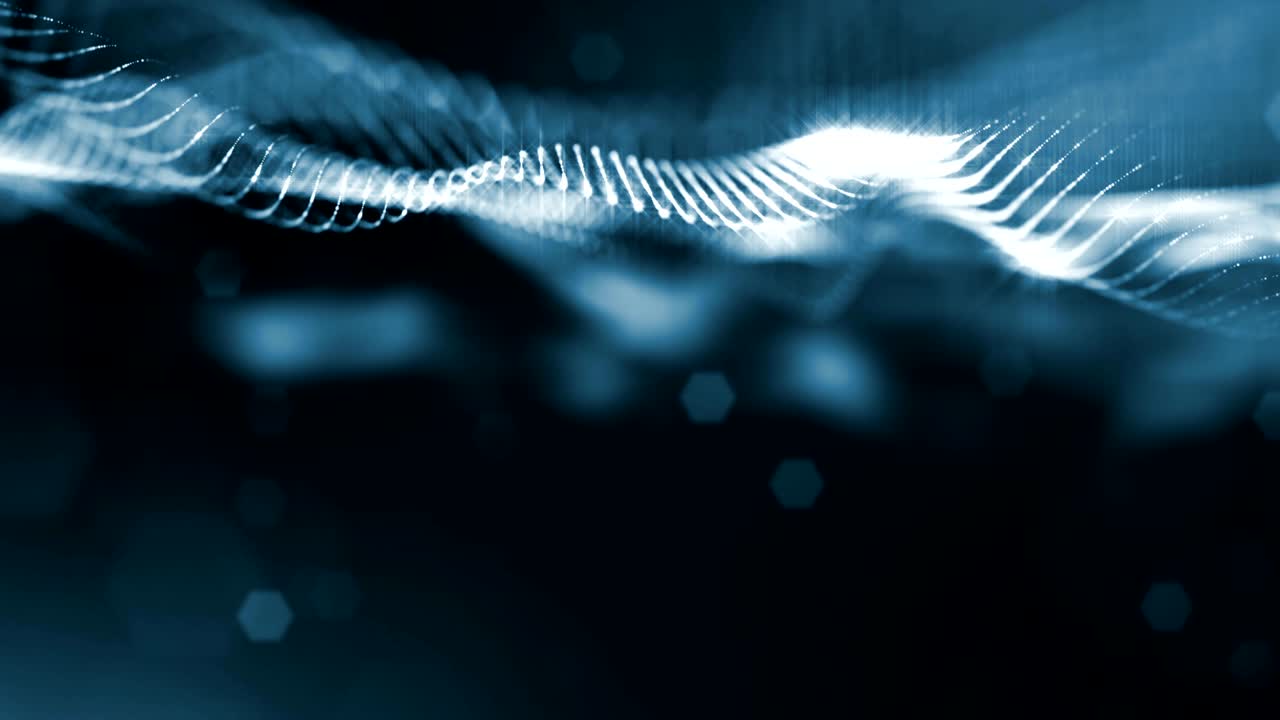 Particles form line, surface grid or mysterious virtual space. 3d seamless animation as digital science fiction background of glowing particles with depth of field, bokeh. Black strings 3