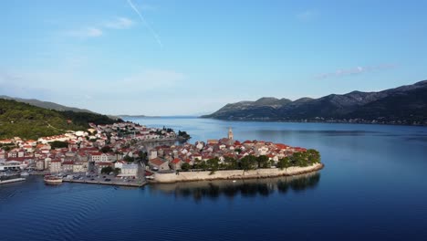 Korcula-Medieval-City-at-Croatian-Coast,-Aerial-View