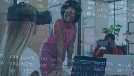 animation of stock market data processing over two diverse women wearing vr headset at office