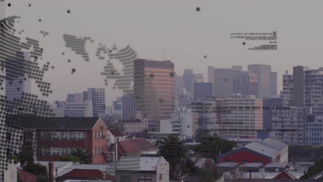animation of world map and data processing over cityscape
