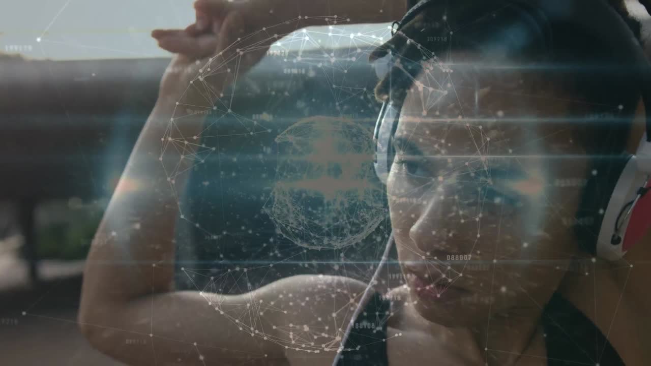 글로벌 네트워크의 애니메이션과 헤드폰으로 운동하는 아프리카계 미국인 여성에 대한 빛의 흔적