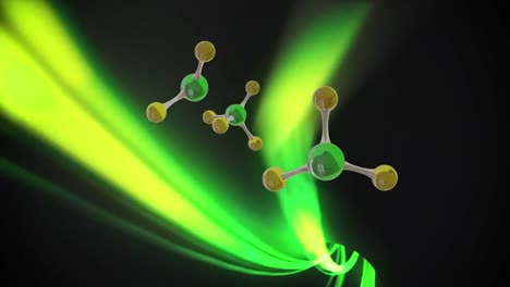 Animation-of-3d-micro-of-molecules-and-light-trails-on-black-background