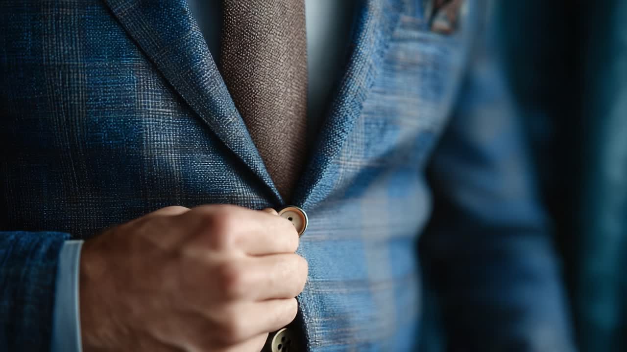 Close-up Penuh Gaya Seorang Pria Menyesuaikan Kancing pada Jaket Setelan Biru Elegan-nya dengan Dasi Cokelat, Menunjukkan Kecanggihan dan Perhatian terhadap Detail.