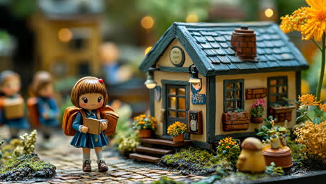 girl with book walking past a cozy miniature shop in a garden setting