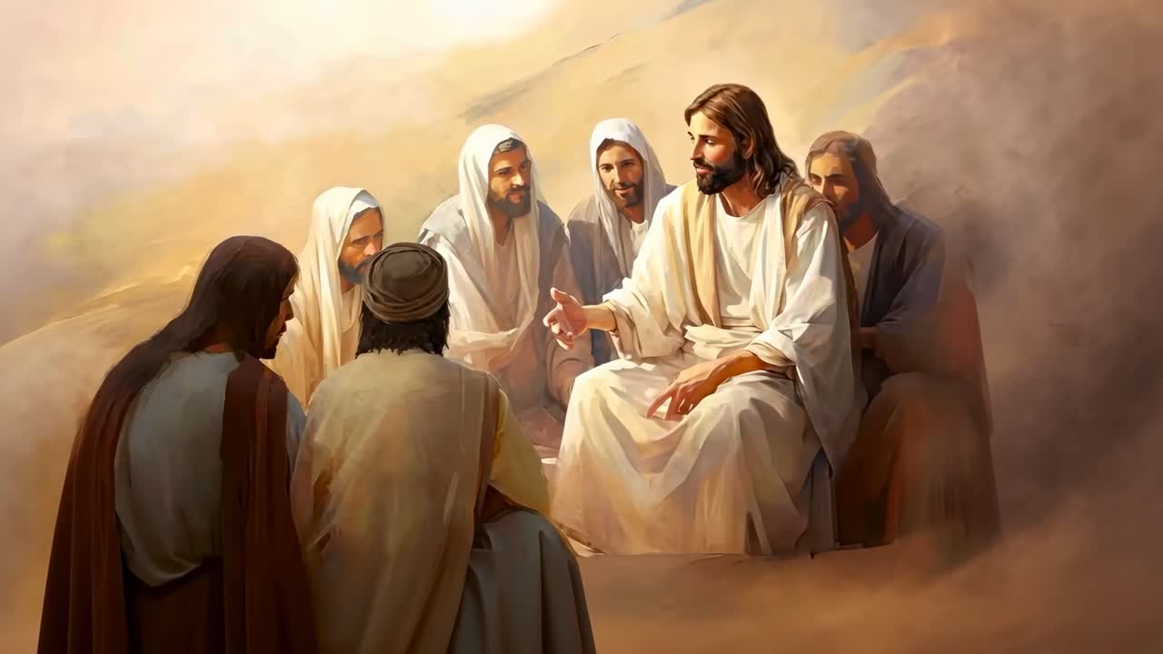 A video frame depicts a biblical scene with Jesus teaching disciples