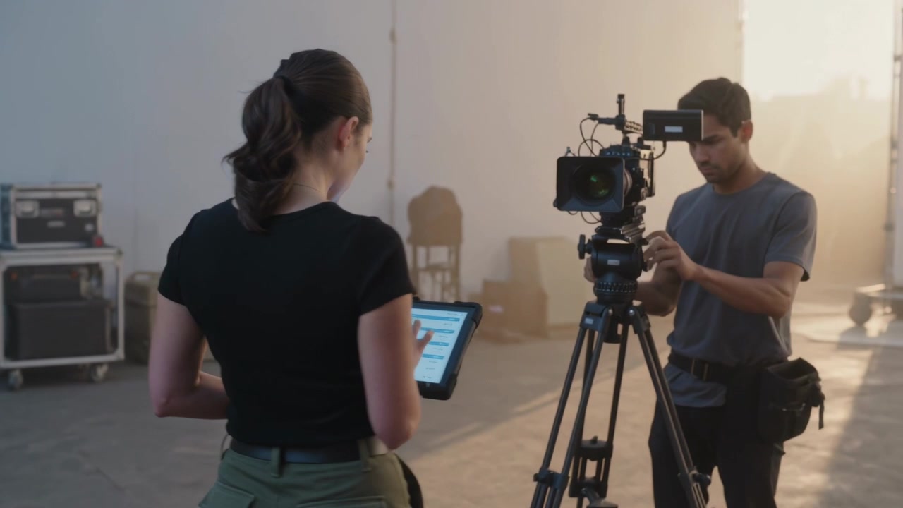 Mujer con top negro revisando la tablet, planificando tomas en el estudio, mientras el operador de cámara revisa la tarjeta y prepara el rollo.
