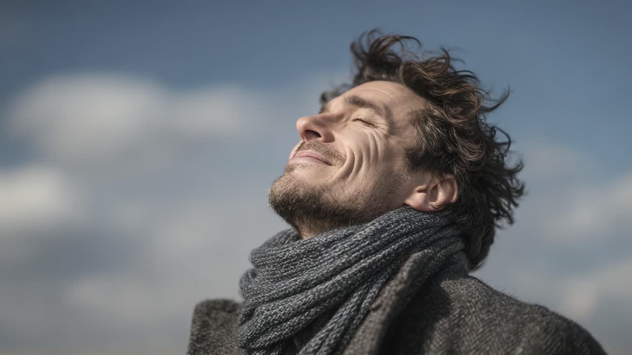 A Man Revels in the Moment: Embracing the Joy of Life with a Contented Smile Under a Beautiful Sky