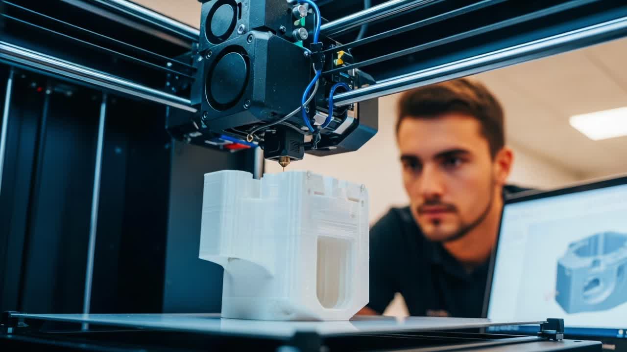 Focused on Innovation: A Skilled Individual Observes the Progress of a 3D Printer Creating an Intricate Component with Precision and Attention to Detail