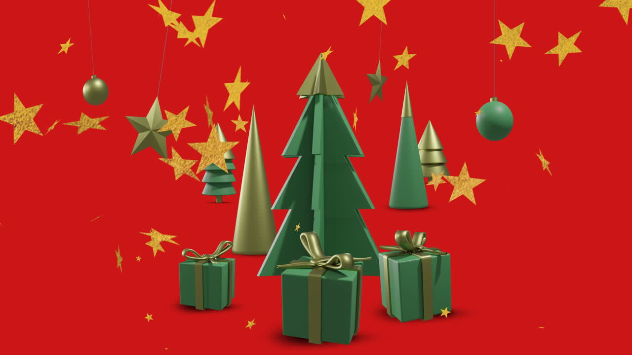 animación de árboles de navidad y decoraciones sobre fondo negro