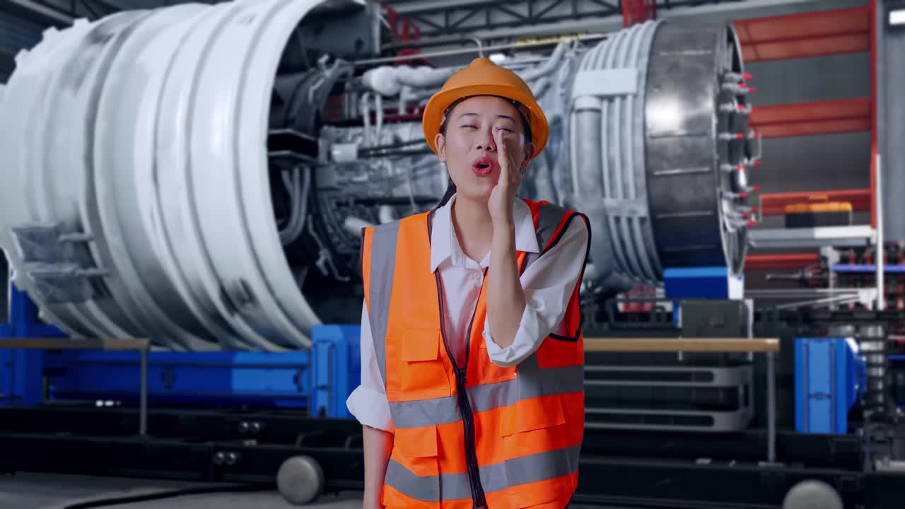 Asian Female Engineer With Safety Helmet Yelling With Hand Over Mouth While Standing With Airplane Engine Maintenance Conducted