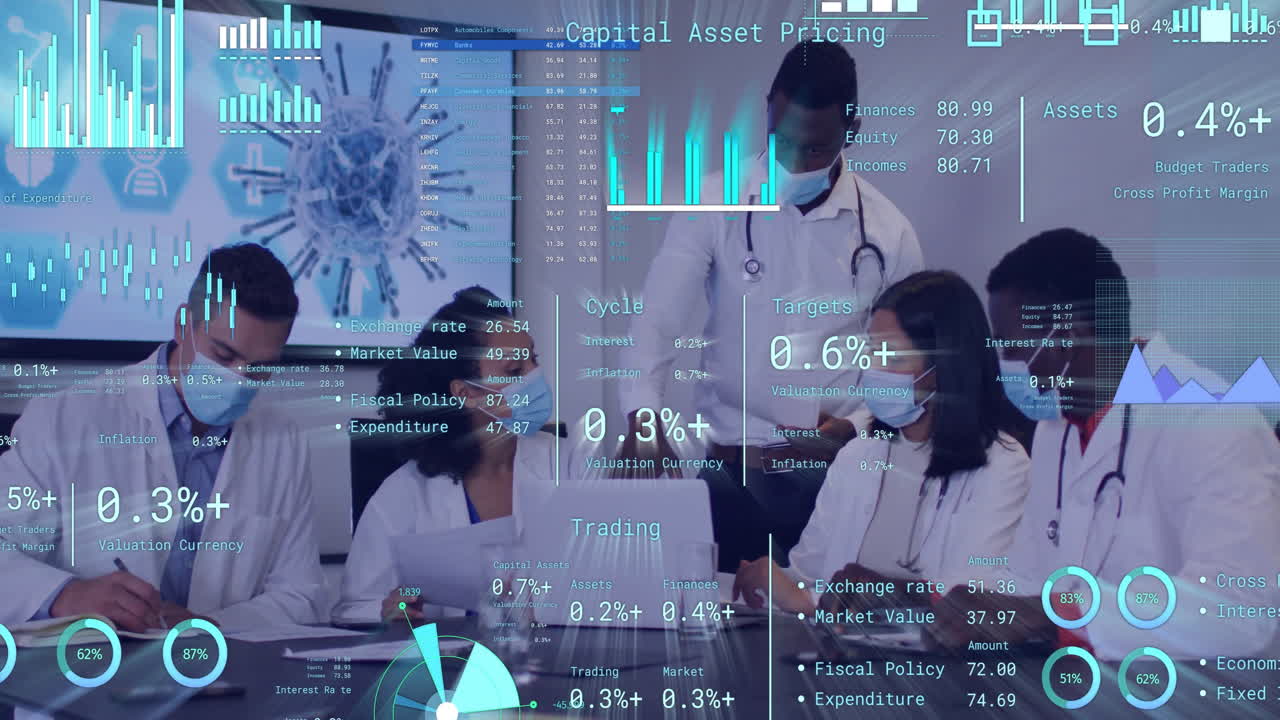 animación del procesamiento de datos financieros sobre diversas personas de negocios en la oficina