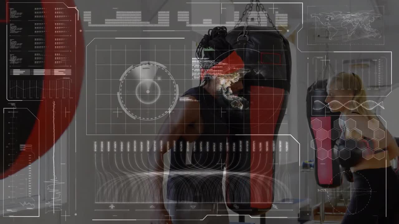 아프리카계 미국인 남성 코치와 함께 운동하는 백인 여성 스포츠 선수에 대한 데이터 처리 애니메이션