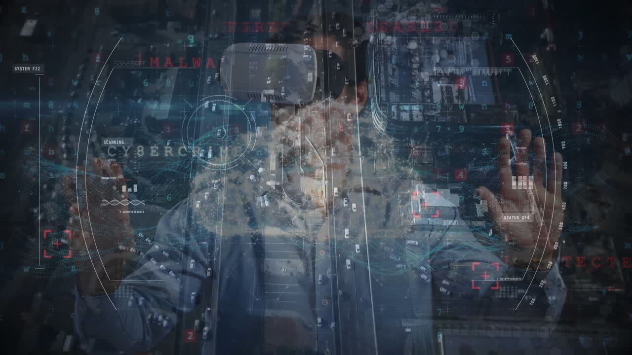 vr 헤드 ⁇ 을 착용한 사업가에 대한 금융 데이터 처리 애니메이션