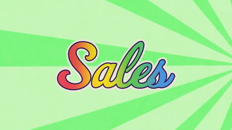 animation of sales text banner over radial rays in seamless pattern on green background