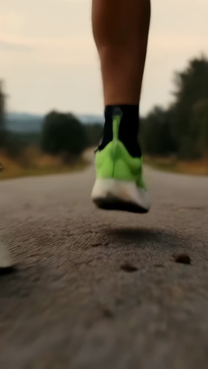 Video vertikal: Mengangkat kaki kanan, pelari melaju di jalan pedesaan saat fajar, sepatu neon, celana pendek