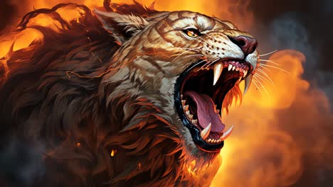 majestic tiger roaring in flames with intense expression and vibrant colors