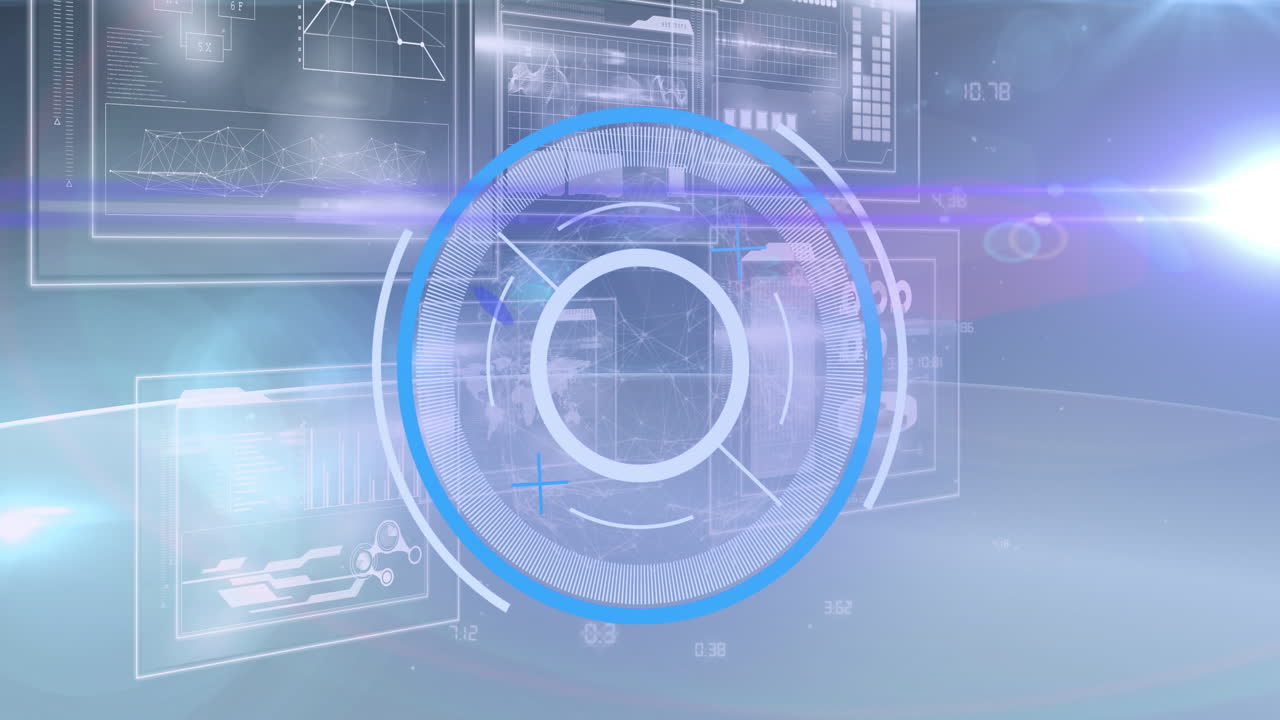 과학적 그래프와 데이터 위를 이동하는 처리 원의 애니메이션