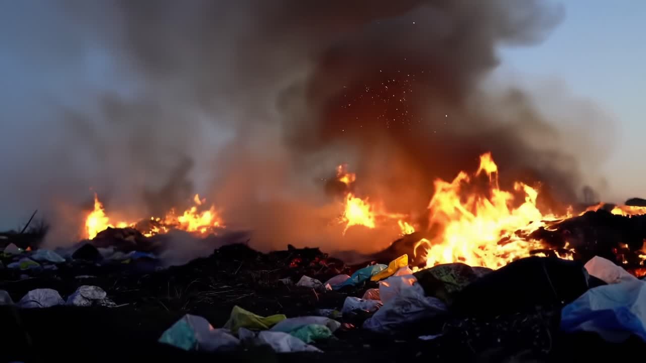 Intense Blaze at Waste Site: A Troubling Scene of Flames and Smoke Rising Amidst Trash, Highlighting Environmental Concerns and Air Pollution Risks