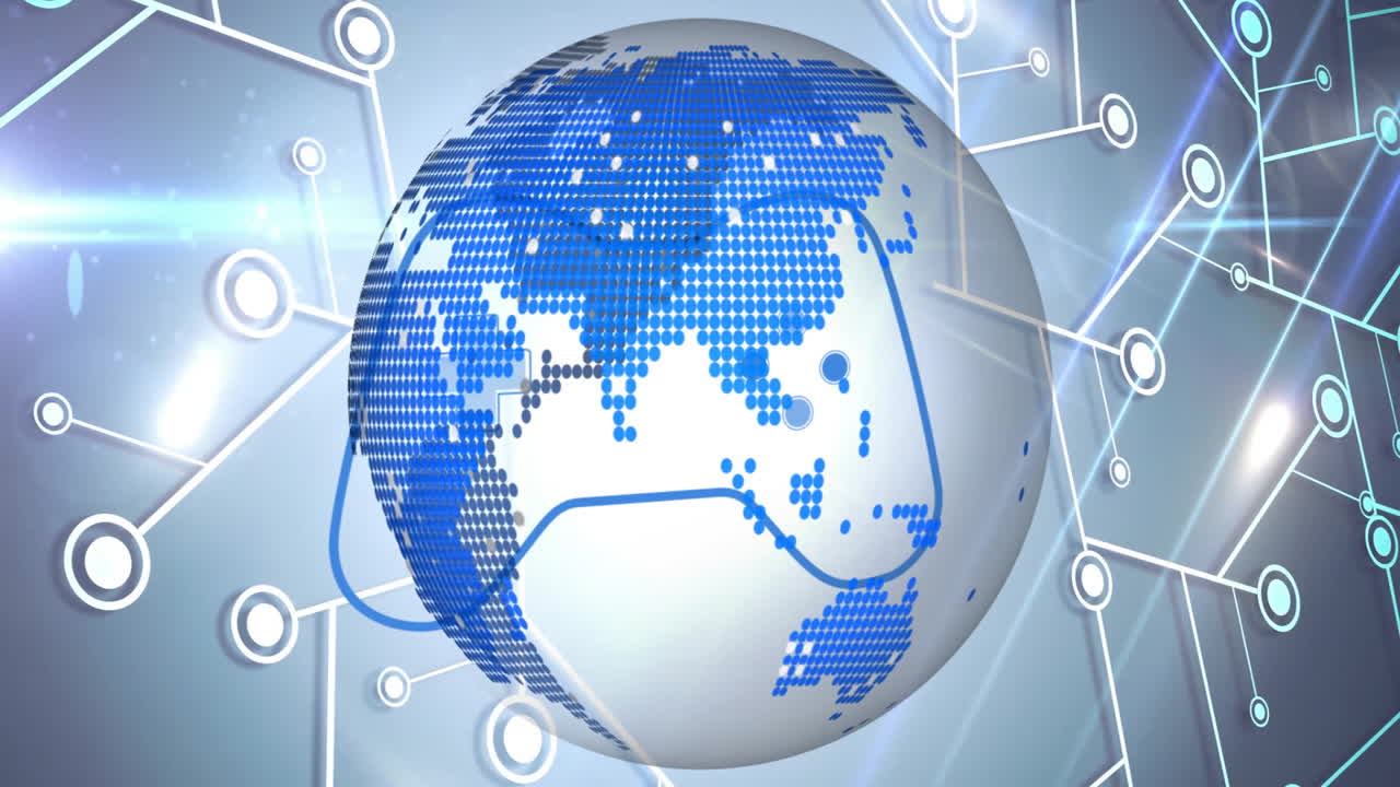 Animation of digital globe with blue continents, network connections surrounding it