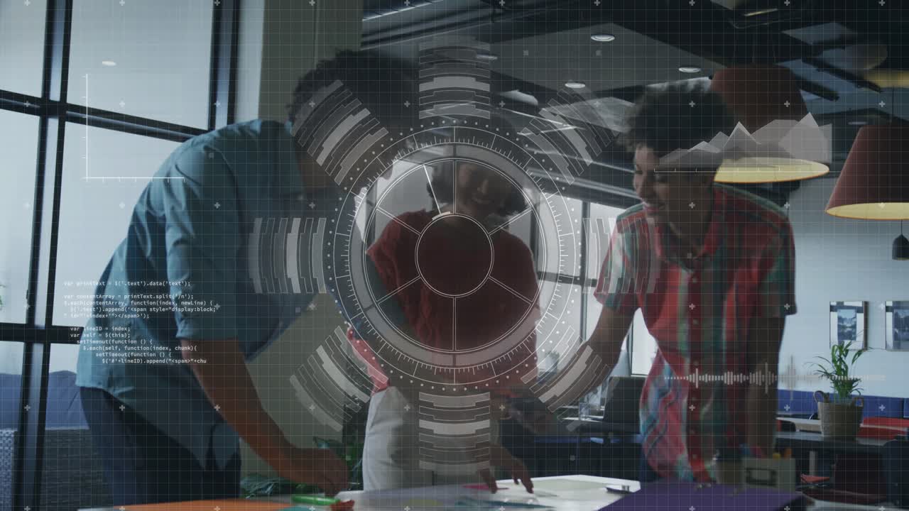 At start showing design team shifting cards with transparent HUD overlay refining layout