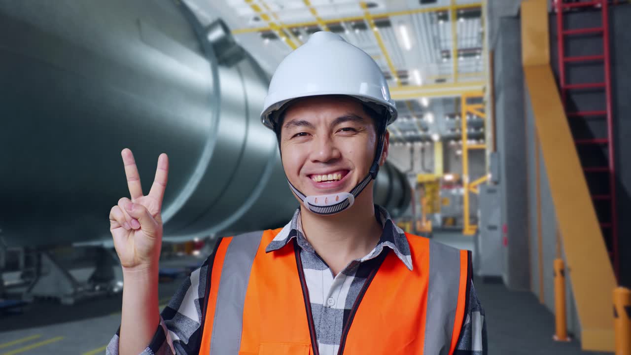 안전 헬을 입은 아시아 남성 엔지니어가 파이프 제조 공장에서 웃으며 평화의 몸짓을 하고 있다.