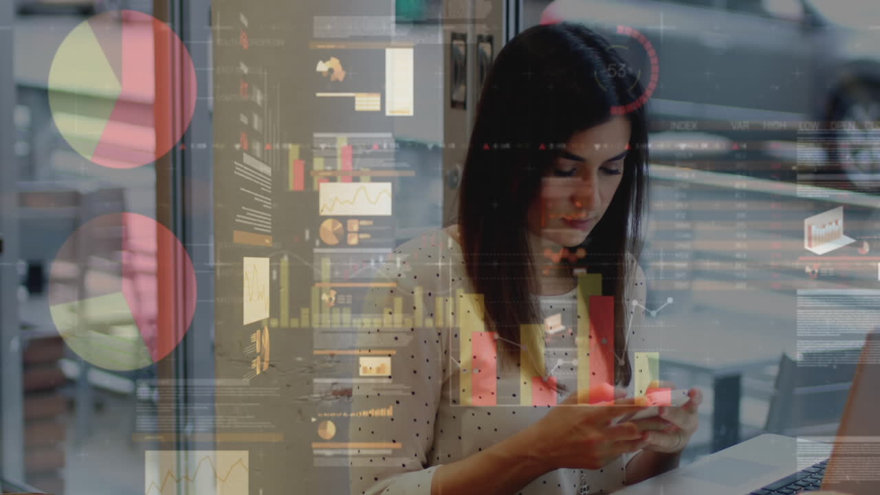 animación de estadísticas y procesamiento de datos sobre mujeres que usan teléfonos inteligentes