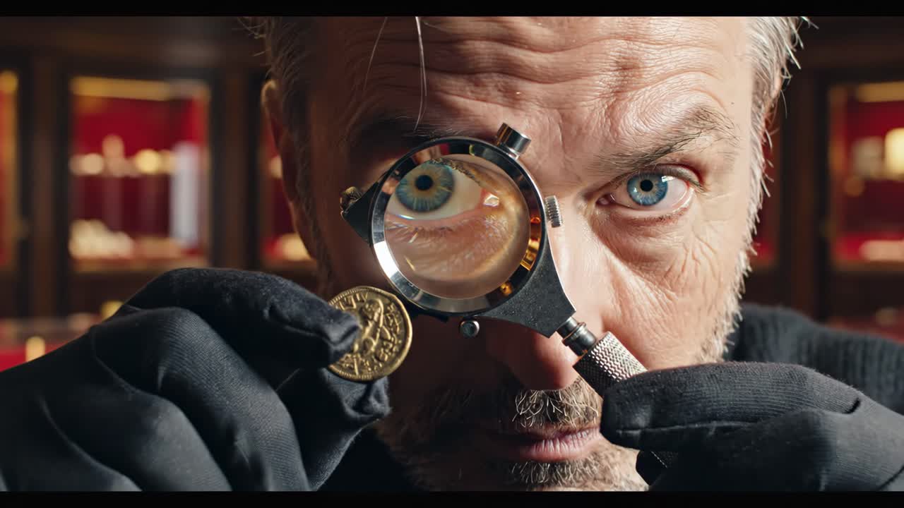 Examining a Rare Coin with a Magnifying Glass