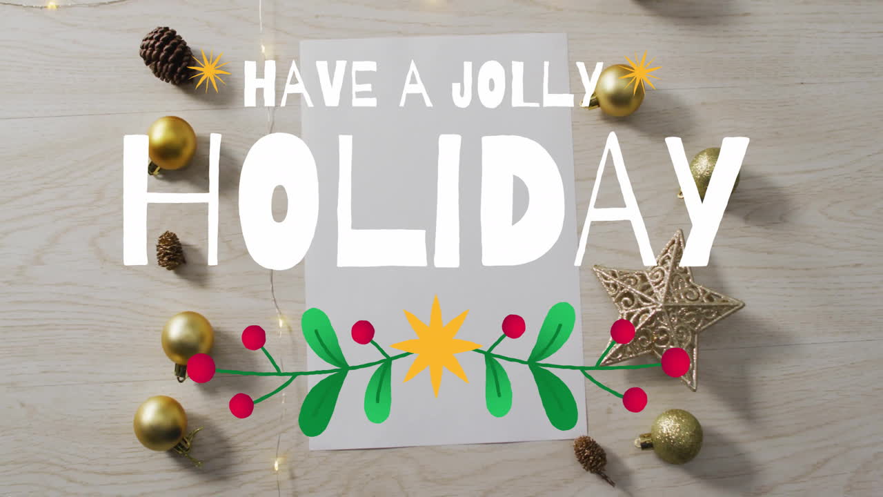 Have jolly holiday text animation over Christmas decorations on wooden background