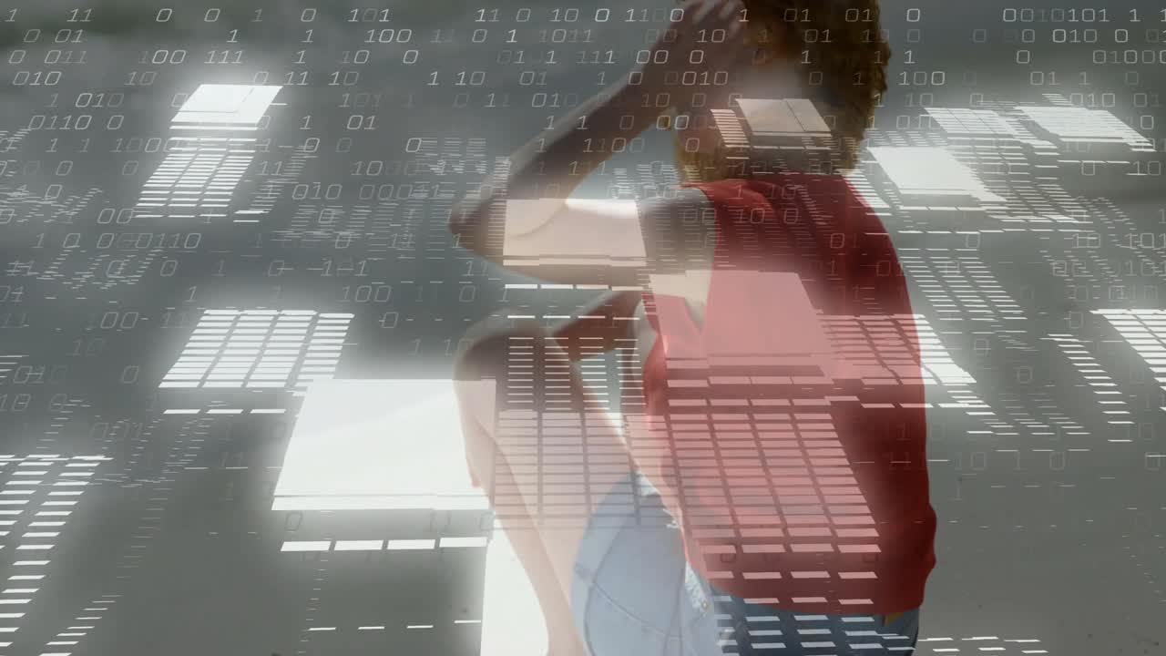 Woman sitting on geometric platform scanning binary code with glitching data in technology scene