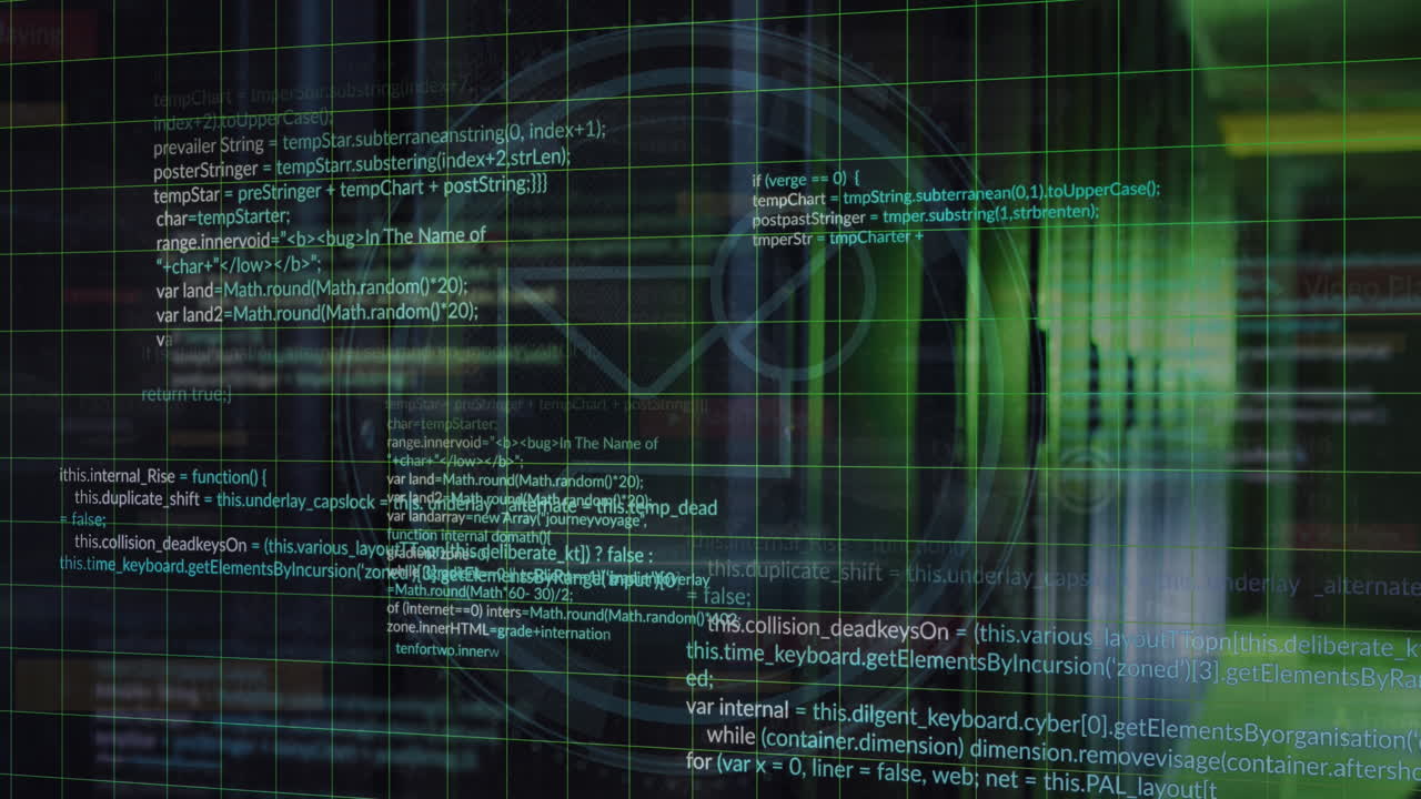 Animation of programming language, cyber security, message icons over data server systems