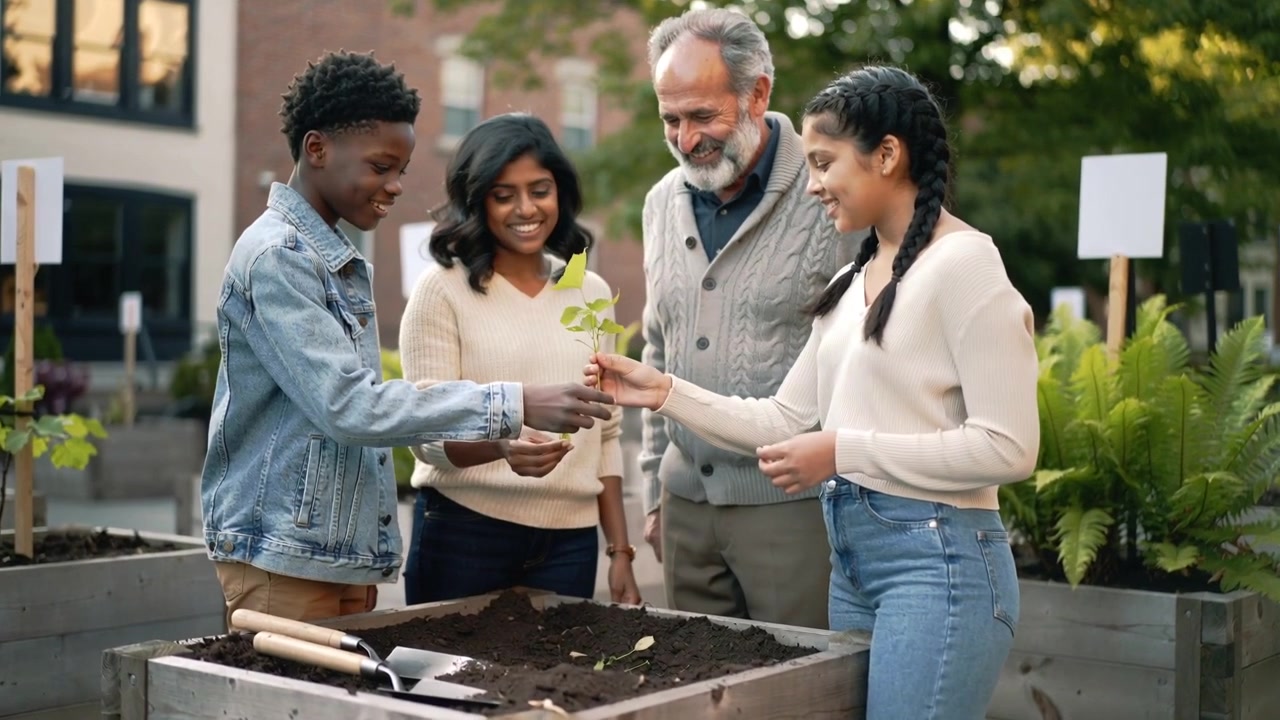 Gathering around raised planter, group of four with mentor scooping soil, passing plants to plant