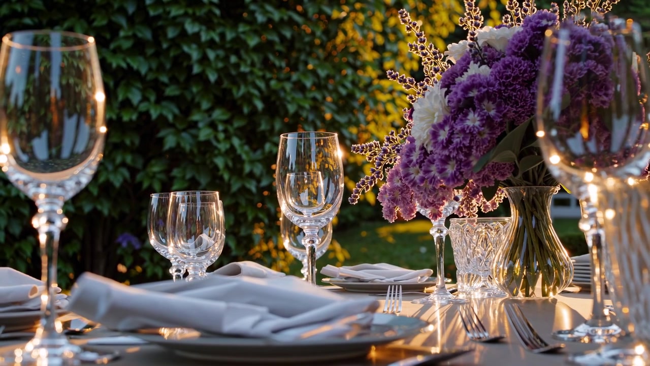 Elegant Outdoor Dining Table Setup with Floral Centerpiece at Sunset
