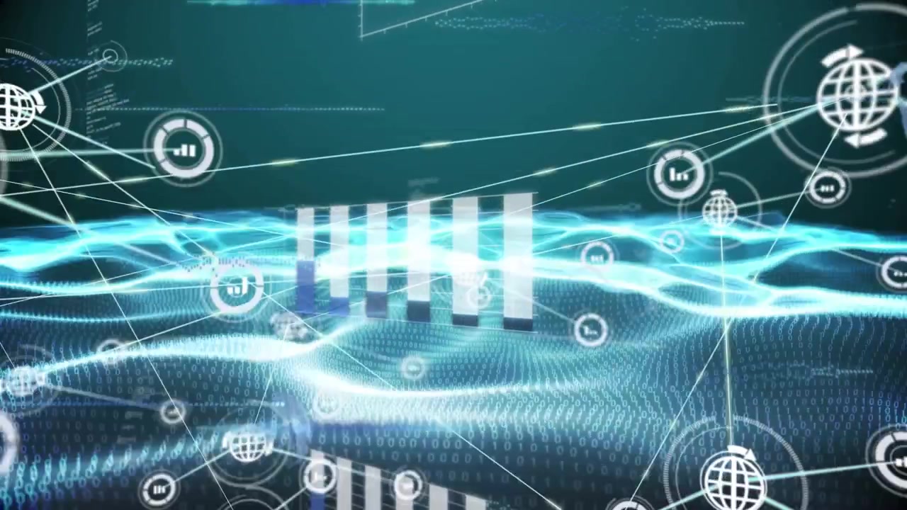 Animation of graphs, data and connections in digital space with waves