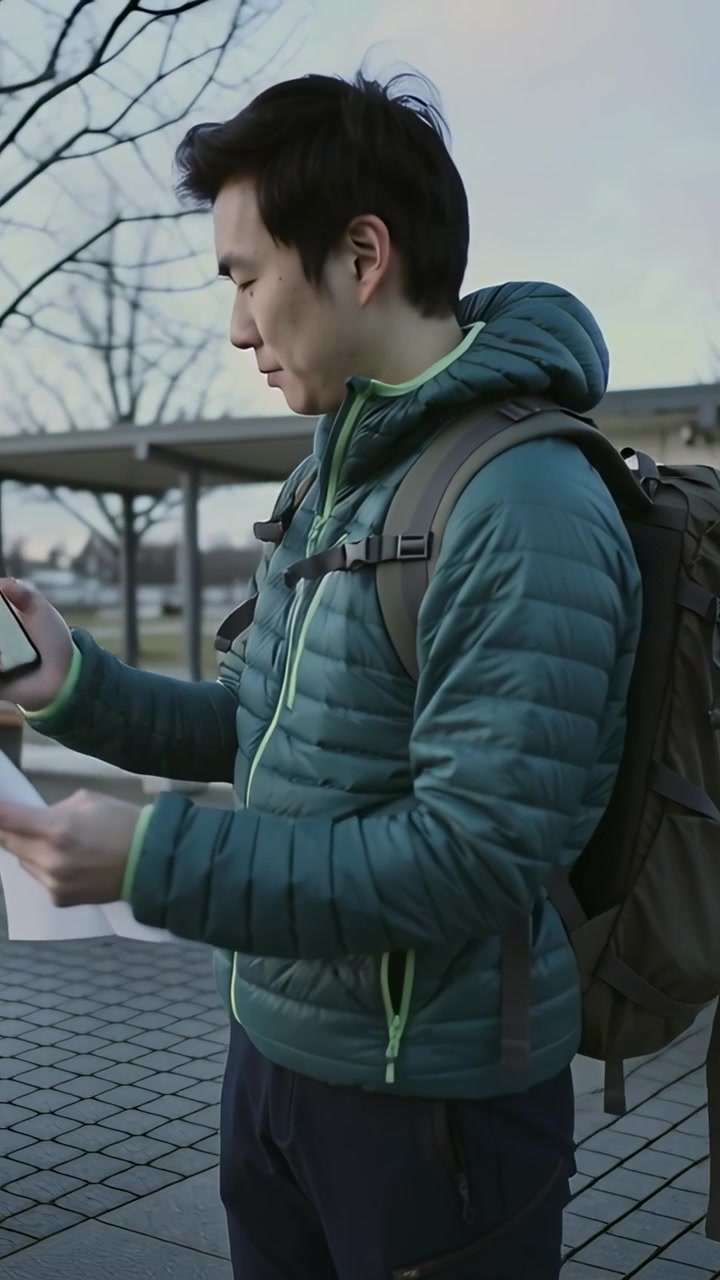 Vertical video: Reading man in teal coat checking papers at bus stop confirming route