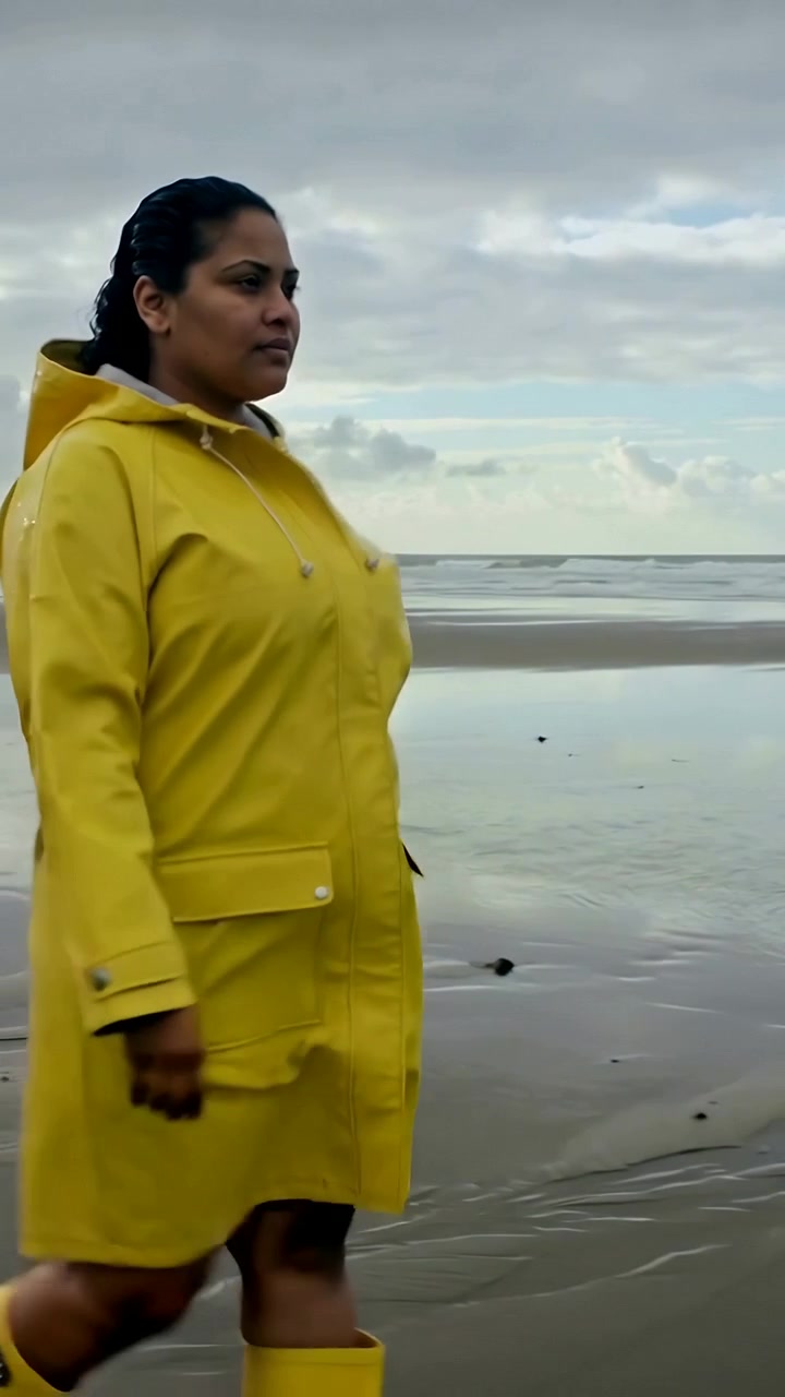 Video verticale: Donna in cappotto giallo e stivali che entra da sinistra e cammina verso il mare per una passeggiata solitaria.