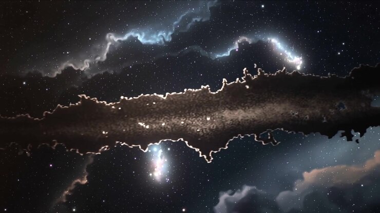 Nastro centrale che si illumina, formando punte seghettate nello spazio profondo, da impulsi di nebulosa.