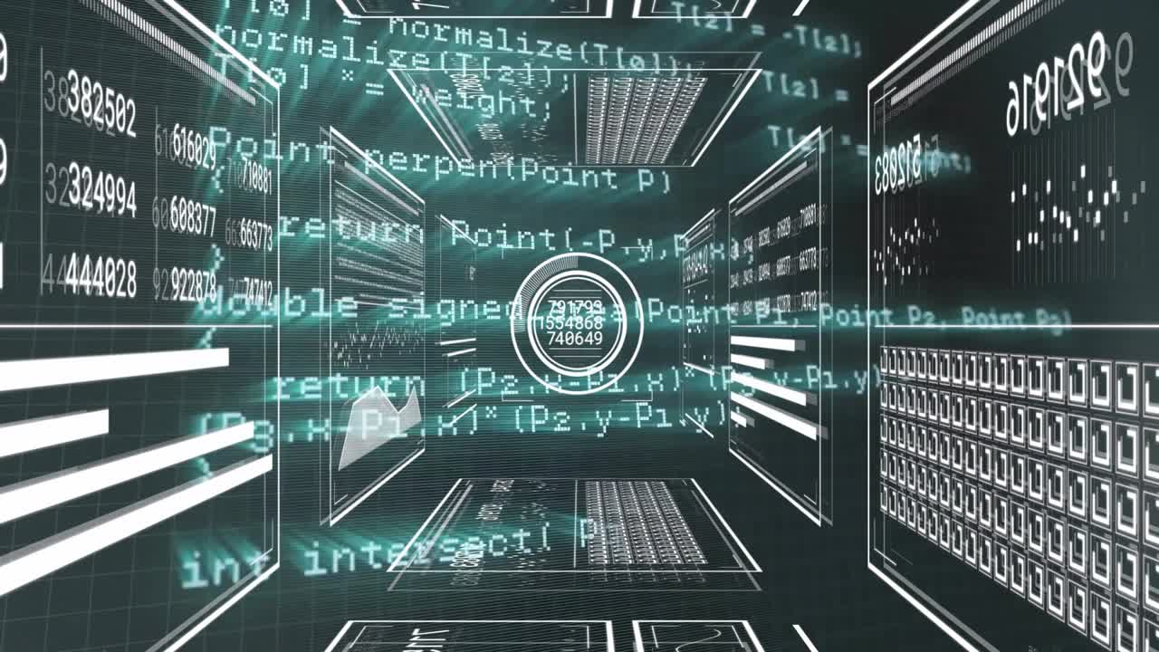 Camera panning 3D grid corridor, reticle advancing, code panels shifting visualizing data flow