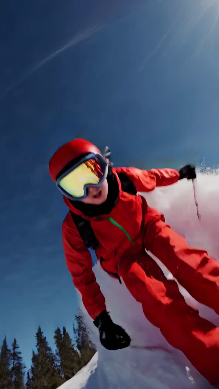 Dynamic low-angle shot of a skier in vibrant red gear racing downhill, capturing the thrill