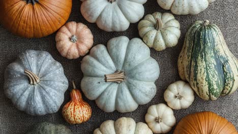 Variety-of-Colorful-Pumpkins-on-Burlap-Background