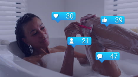in bathtub, woman shaving with animation of social media notifications appearing