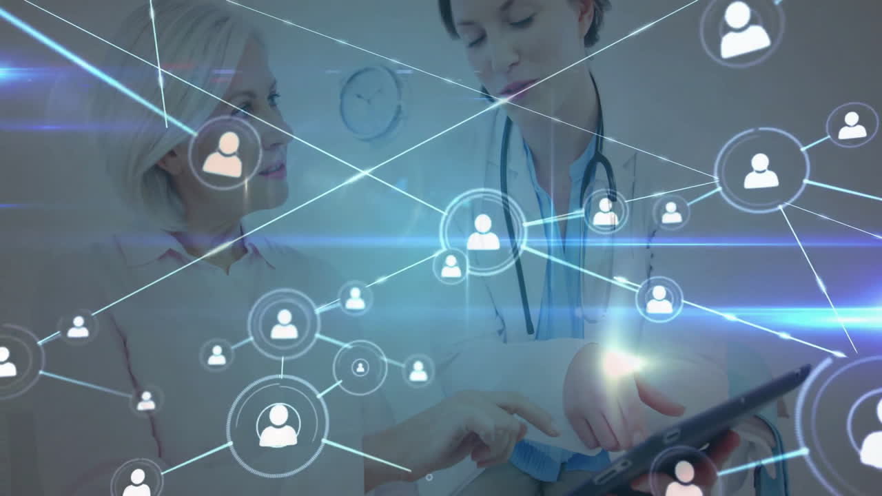 Female doctor pointing tablet while woman patient viewing health data with network icons overlaying