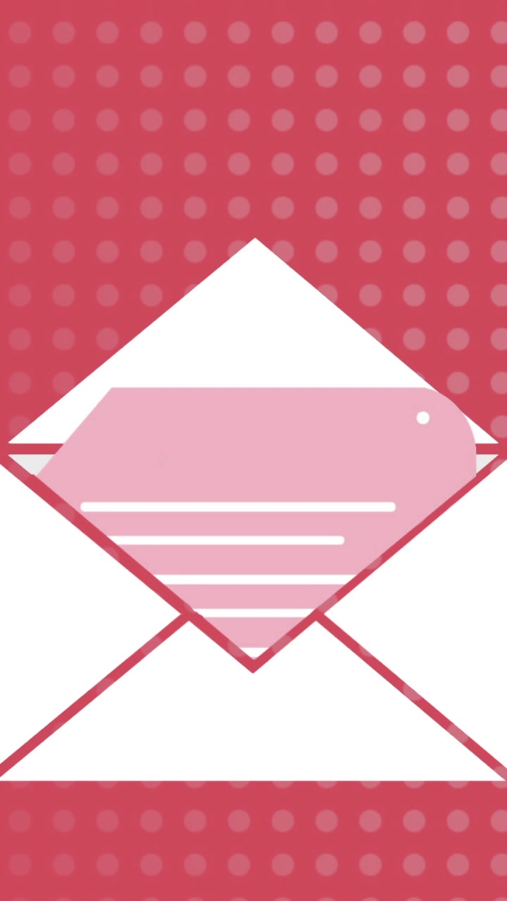 Animazione di un'icona email con busta bianca su file di punti su sfondo rosso.