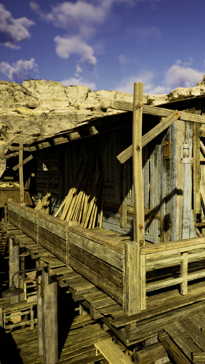 Rustic wooden structure nestled in a rocky sunlit landscape