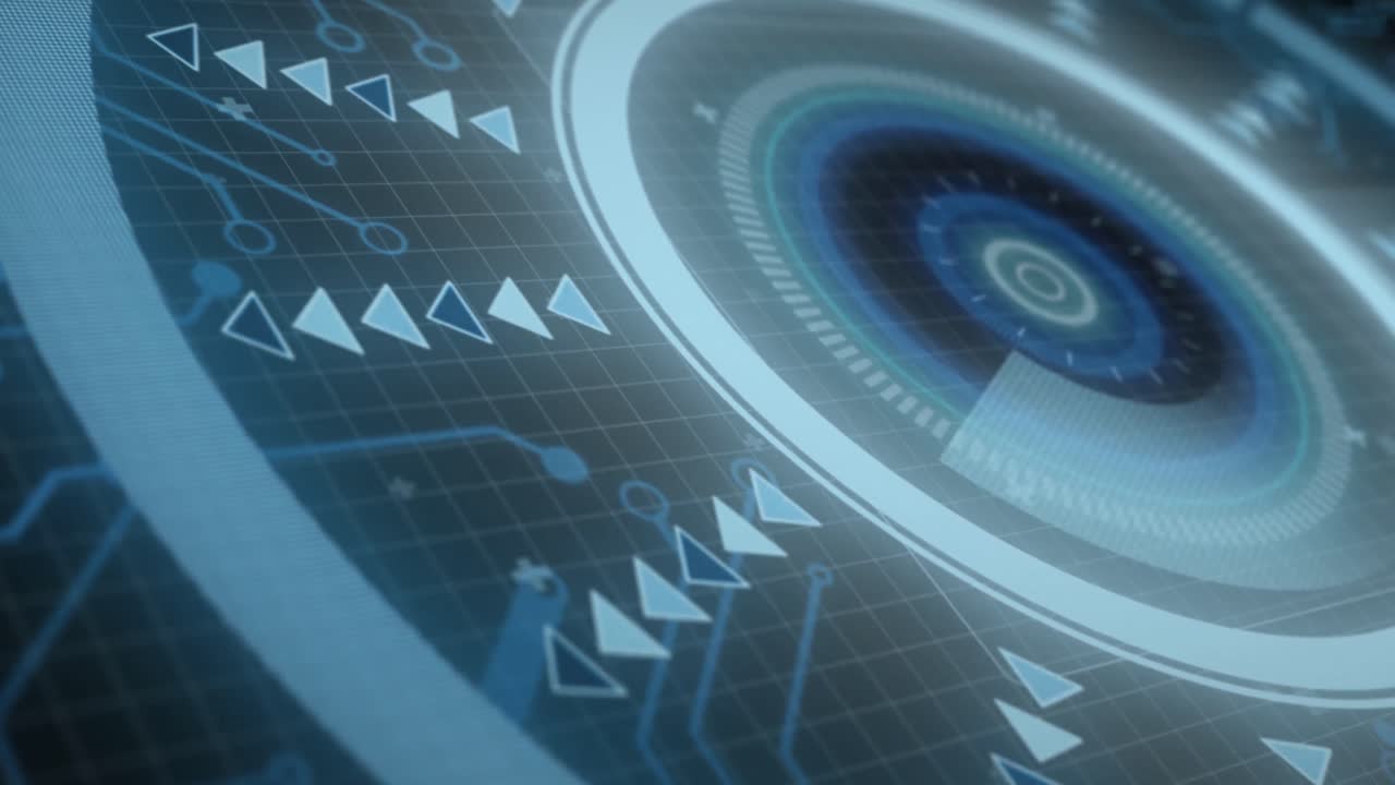 Animation of interface with round scanner and microprocessor connections against blue background