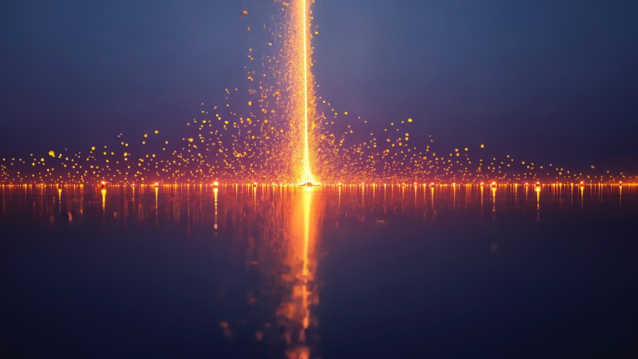 Emerging central light column brightening and spraying sparks over calm water, distant lights
