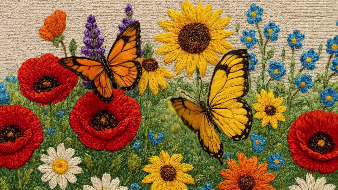Vibrant embroidery of butterflies and flowers in a close-up angle, showcasing intricate details