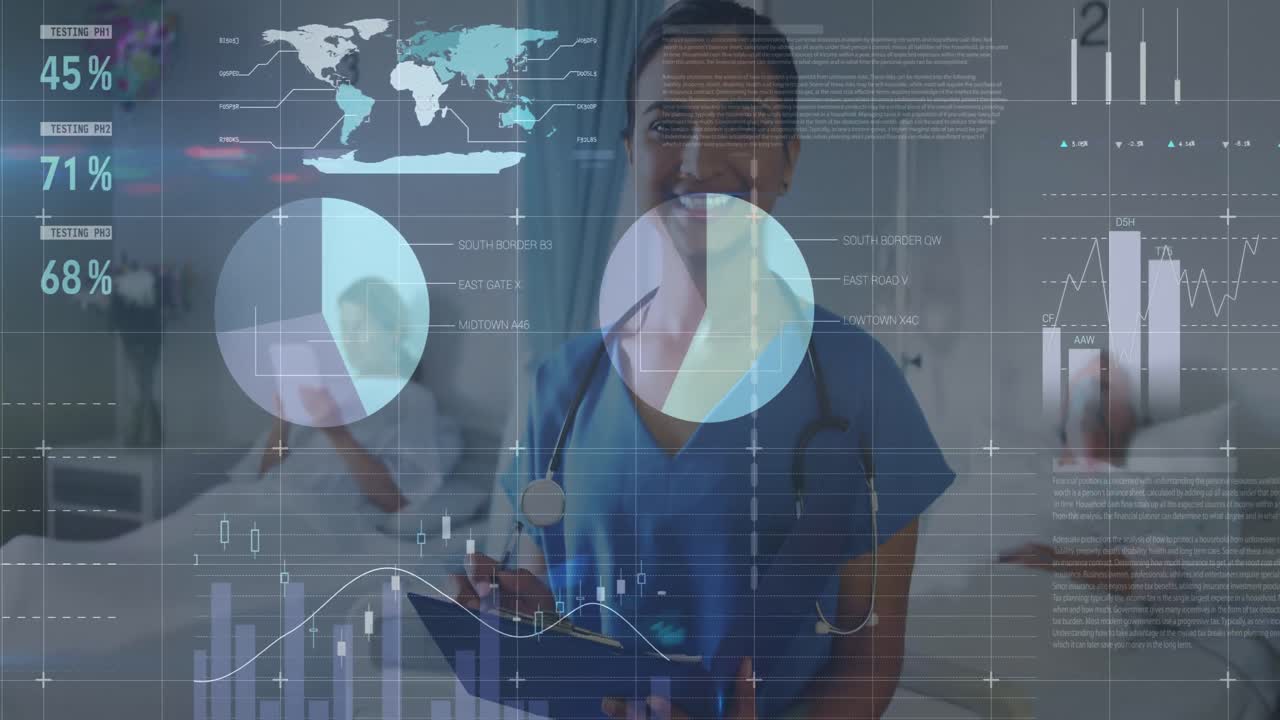 animación de gráficos financieros sobre una doctora biracial