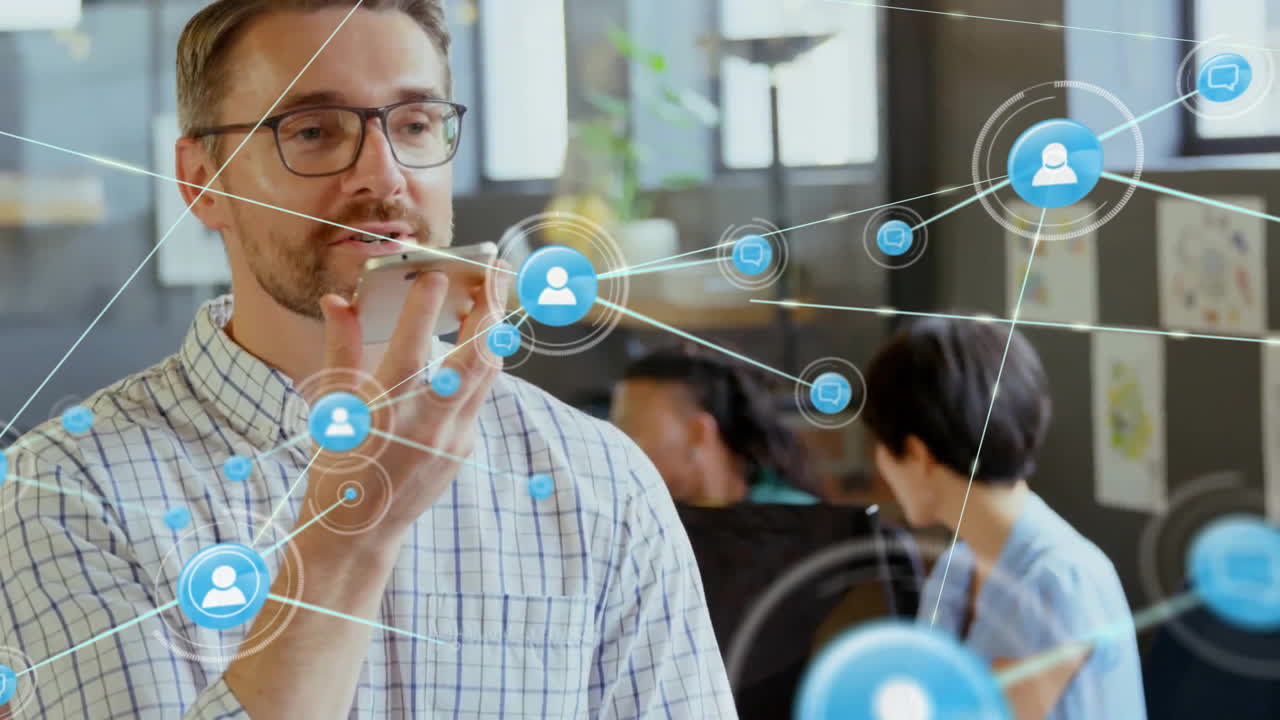 animación de la red de conexiones sobre el hombre caucásico hablando en teléfono inteligente sobre los estudiantes