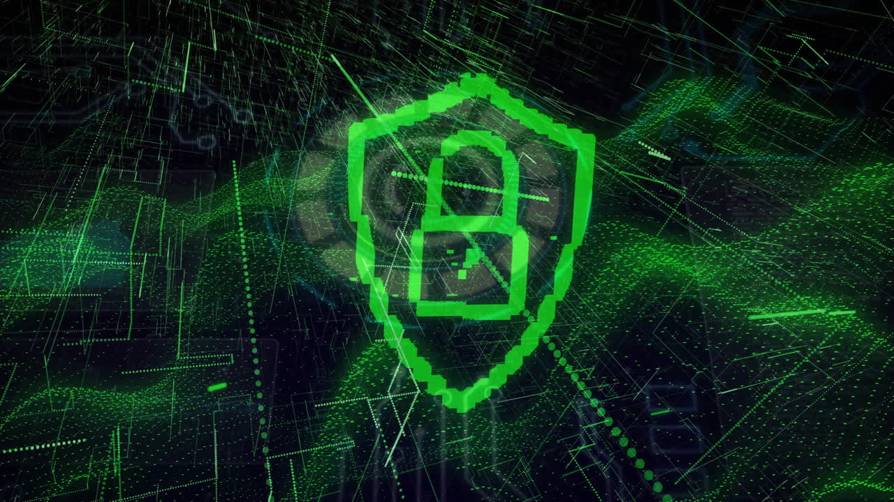 Green digital shield icon floating in 3D cyberspace, displaying glowing lines, pixel segments