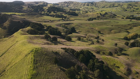 rolling green hills and farmscape aerial view